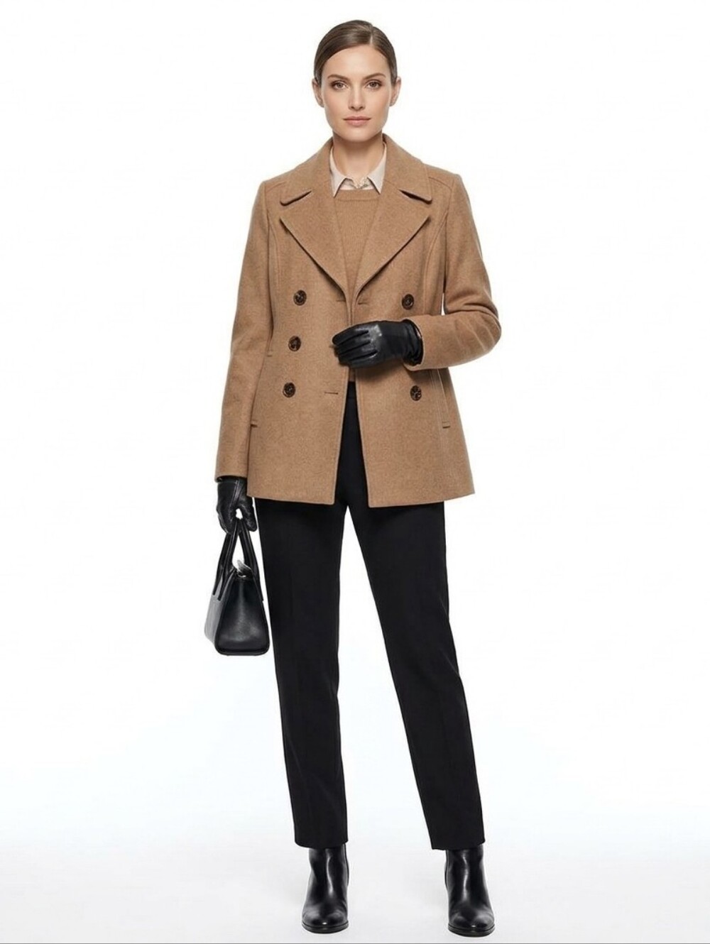 NWOT Larry Levine Women's Tan Double-Breasted Pea Coat Car Coat  L XL